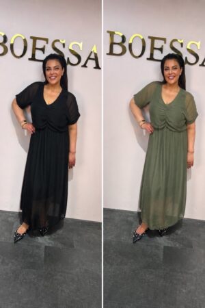 Maxi jurk dames V-hals zwart en legergroen met geplooide buste en transparante mouwen – Boessa Mode