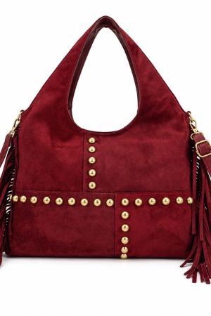 Bordeaux schoudertas dames kunstsuède met franjes en goudkleurige studs – Boessa Mode