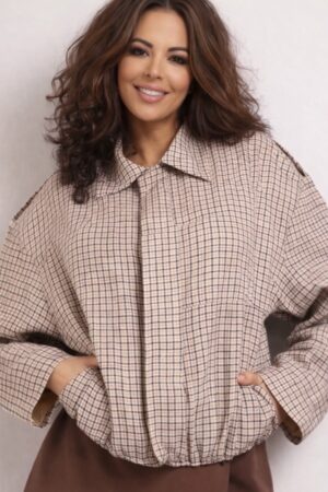 dames jas ruitprint bruin wide fit ritssluiting