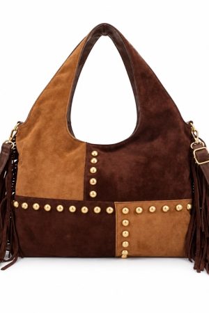 Bruine schoudertas dames kunstsuède met franjes en goudkleurige studs – Boessa Mode