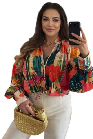 cactus blouse dames kleurrijke grafische print viscose