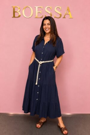 Donkerblauwe viscose maxi blousejurk met steekzakken en gevlochten ceintuur