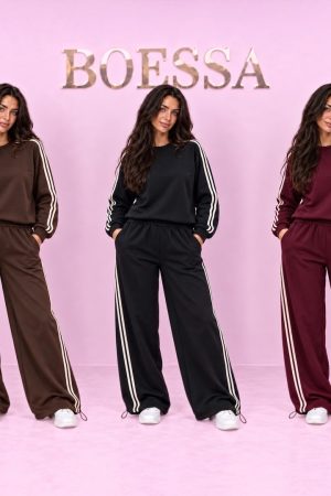 Tweedelige sportieve set dames donkerblauw met witte streep – Boessa Mode bruin en bordeaux wijde pijp