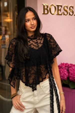 zwarte kant top dames festival lace top zwart kanten top met vleermuismouwen transparante festival top dames zwarte boho kant top