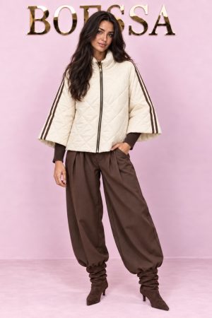 Beige gewatteerde pufferjas dames met contraststrepen