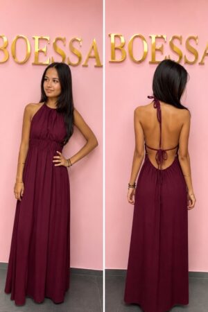 Halter maxi jurk dames met open rug in bordeaux – Boessa Mode