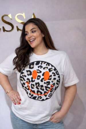 wit t-shirt dames smiley oranje ogen mond