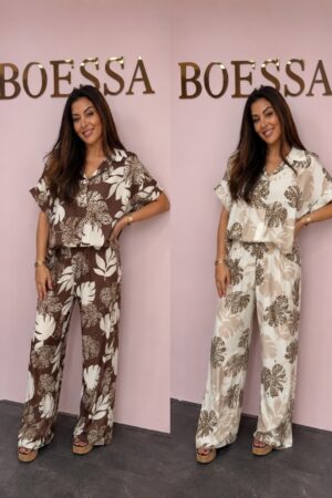 2 delige viscose dames set met blouse en wide leg broek in bruin en beige – Boessa Mode