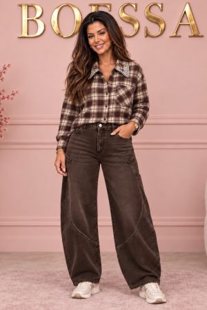 Bruine geruite blouse dames met strass kraag