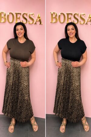 Leopard maxi jurk dames met plissé rok, ceintuur en zwarte of bruine top – Boessa Mode
