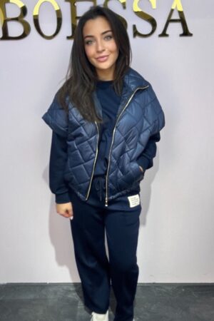 oversized blauwe bodywarmer met korte mouw