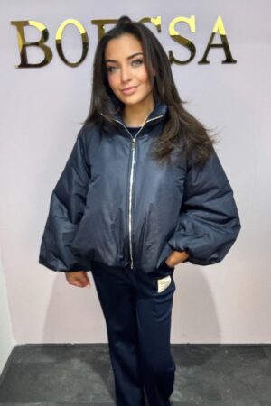 donkerblauwe korte puffer bomber jas dames