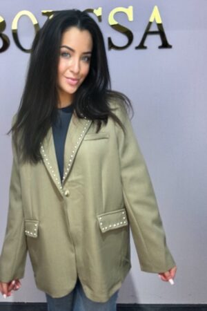 Oversized olijfgroene dames blazer met studs en reverskraag