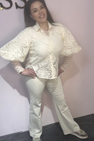 beige high waist jeans dames straight leg stretch