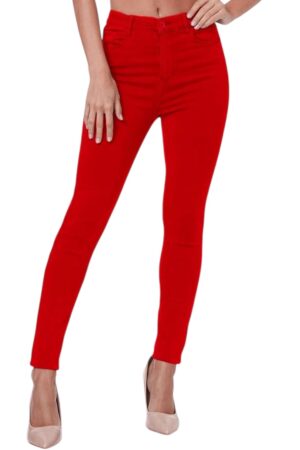 rode skinny high waist broek met stretch dames
