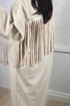 beige manteljas met franjes dames wollook trendy jas
