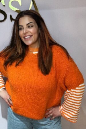 oranje gebreide trui dames driekwart mouw oversized fit XL