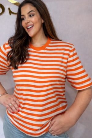 Oranje gestreept T-shirt dames korte mouw – one size musthave