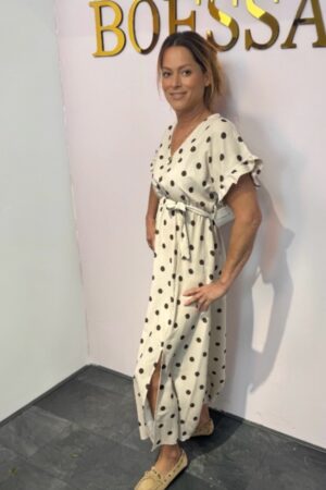 polkadot jurk creme dames ruffle mouwen ceintuur