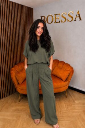 Luxe tweedelige wide leg set dames groen
