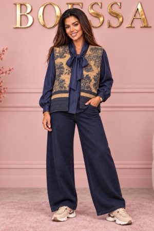 Dames gilet met print beige donkerblauw – Boessa Mode