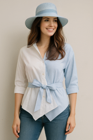 Two-Tone Wikkelblouse Dames – Lichtblauw & Wit – Ceintuur – One Size tot Maat 44