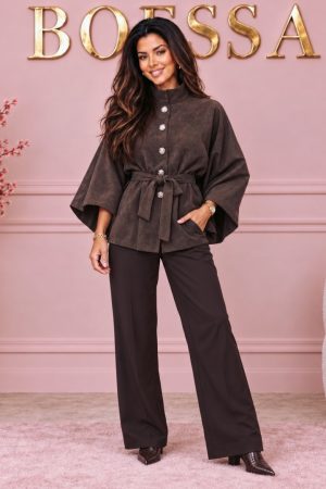 Suède look poncho dames choco met ceintuur