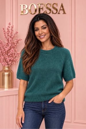 Alpaca trui dames donkergroen met korte mouw – Boessa Mode