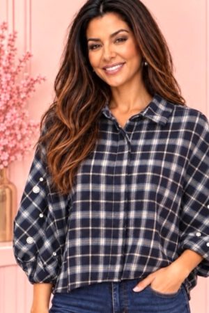 Blauw-wit gestreepte blouse met strass en wijde pofmouwen dames