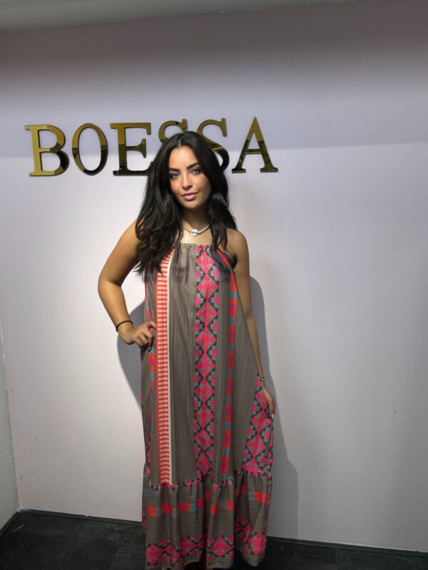 Boho halterjurk met Open Rug – One Size Zomerjurk in Bruin met Print - Afbeelding 3
