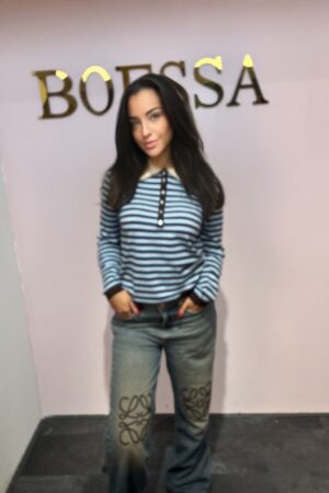 Gestreepte Polo met Witte Kraag – Lichtblauw & Donkerbruin – Maat tot 40