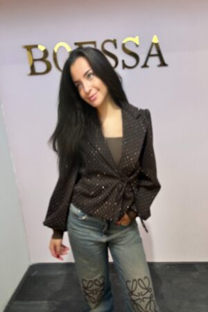 feestelijke damesblazer met strik bruin