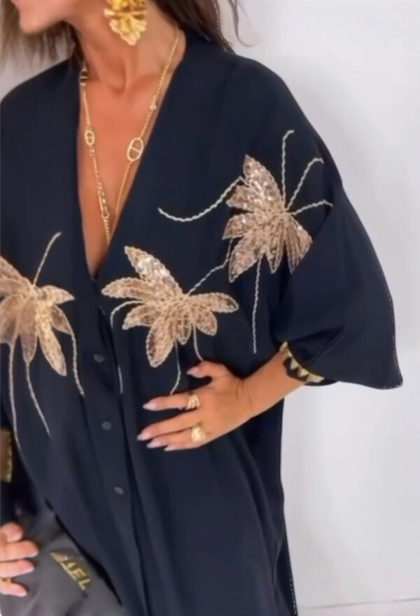 Maxi dress dames – zwart & koningsblauw met gouden pailletten | Boesamode - Afbeelding 3
