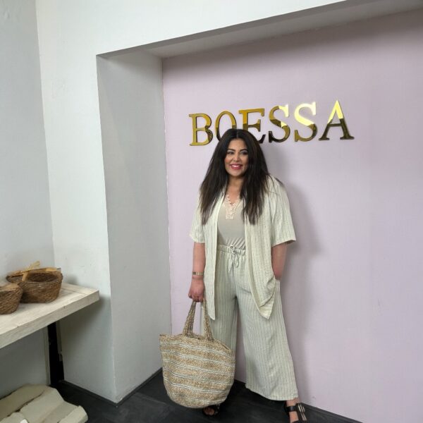 Tweedelige dames set gestreept viscose kaftan met 3/4 mouw en broek met elastische taille - Afbeelding 3
