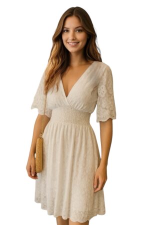 Romantische Kanten Midi Jurk Dames – Met V-Hals & Volants – One Size