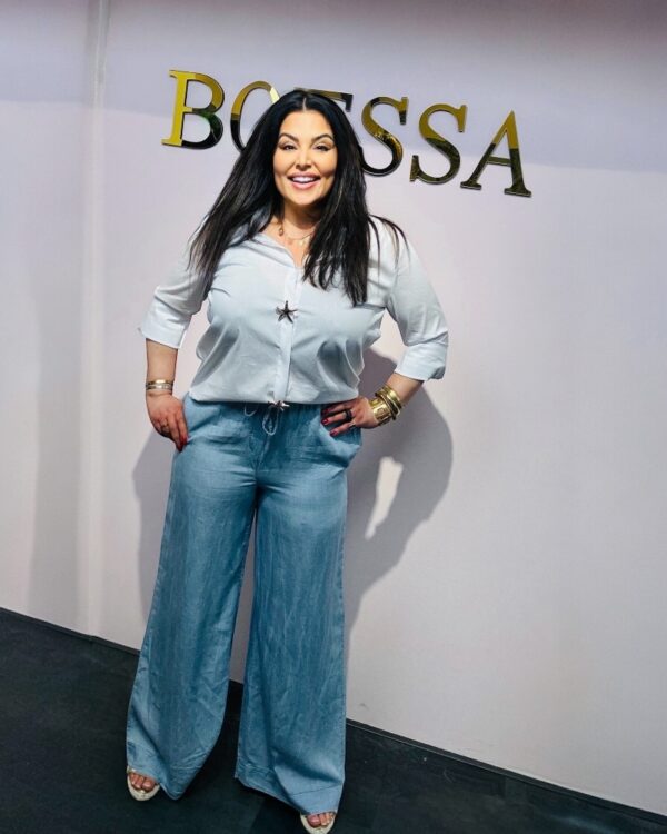 Lichtblauwe Losvallende Jeansbroek van Viscose – Elastische Tailleband & Strikkoord Azzurro