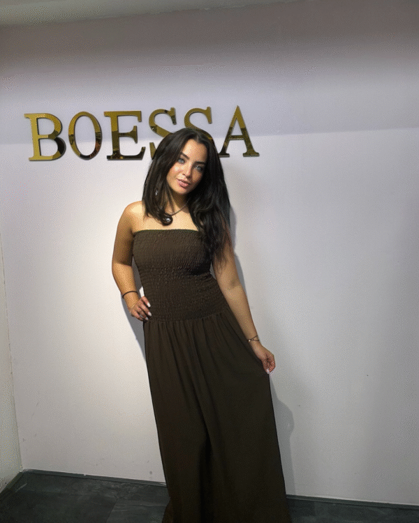 Maxi dress chocoladebruin strapless & gesmokt