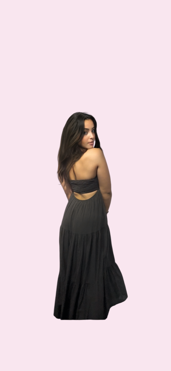 Donkerbruine Strapless Maxidress met Open Rugdetail - Afbeelding 3