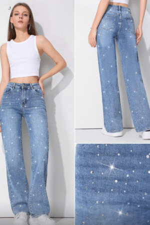 High-Waist Jeans met Diamantjes – Licht & Donker Denim | Boessa