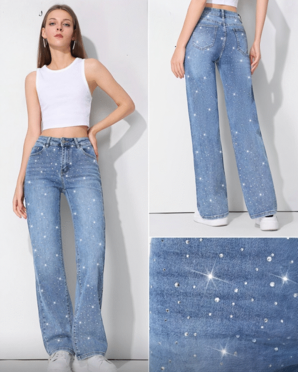 High-Waist Jeans met Diamantjes – Licht & Donker Denim | Boessa
