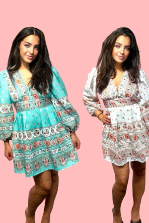 Beige & Turquoise Jurk met V-Hals en Pofmouwen – Perfect voor Feestjes