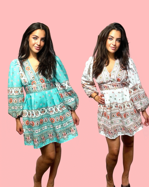 Beige & Turquoise Jurk met V-Hals en Pofmouwen – Perfect voor Feestjes