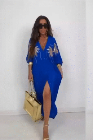 Maxi dress dames blauw – feestelijke jurk met gouden pailletten Boesamode