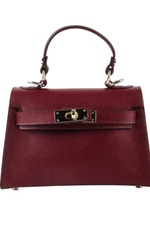 Bordeaux leren handtas met draaislotje, goudkleurige details en afneembare schouderband – Boessa Mode
