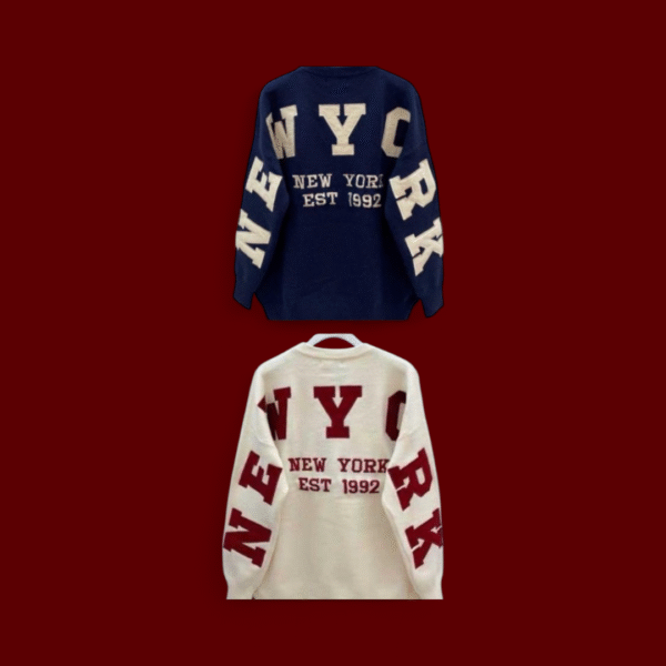 t="Minimalistische voorkant warme New York trui – crème en donkerblauw kleur, one size"