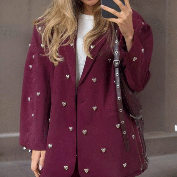 Bordeaux dames blazer met zilveren hartjes – stijlvol & uniek