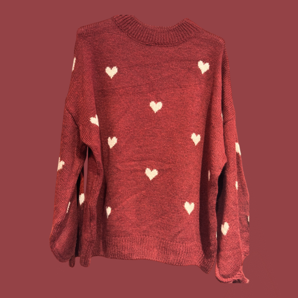 Zachte oversized damestrui in bordeaux met crème hartjesprint en ballonmouwen