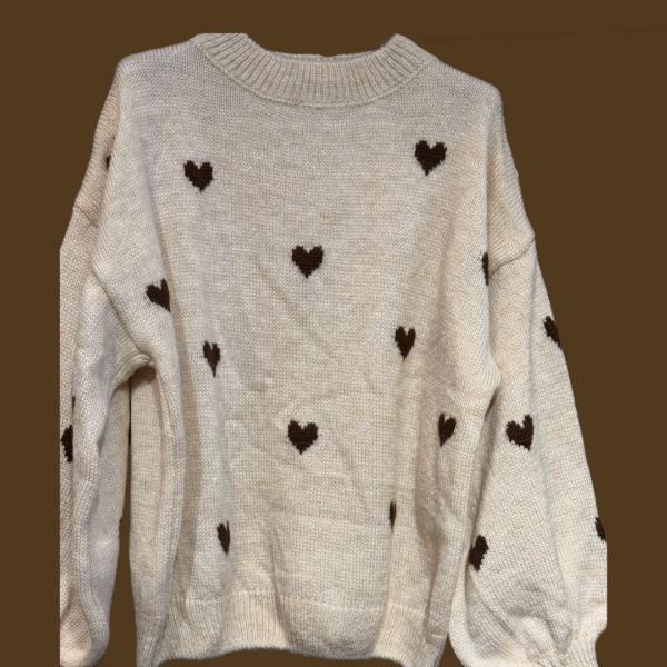Zachte damestrui in beige met hartjesprint en ronde hals – lanawoolmix