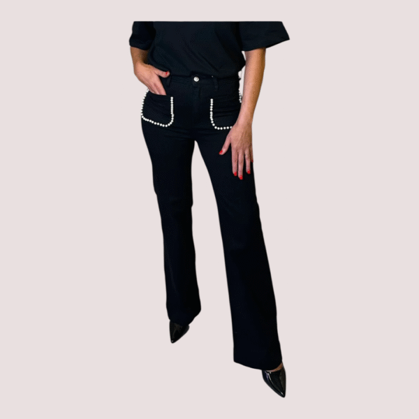 zwarte wide leg jeans met parelzakken