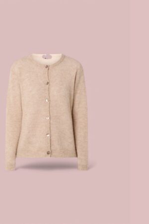 Zacht alpaca vest met knopen in magenta, groen en beige